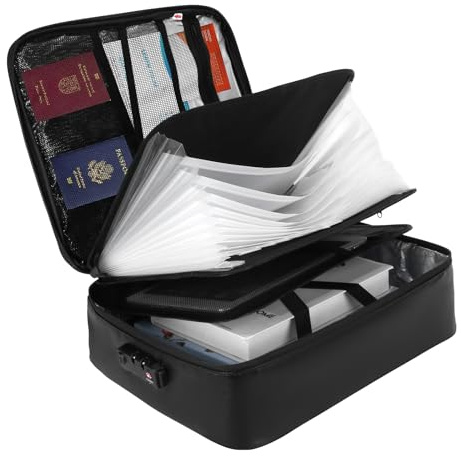 LJEC Organisateur de Documents avec 13 compartiments et serrure, Boîte Ignifuge avec serrure & poignée, Sac ignifuge, Pochette ignifuge et etanche, Valise Porte Documents pour fichiers et passeport