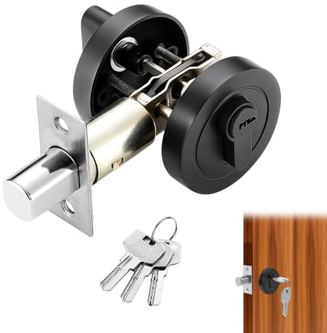 Round Deadbolt Door Lock, Single Cylinder Deadbolt with Key, Black Internal Door Lock, 35-50mm Zinc Alloy Security Gate Locks for Bedroom, Entrance Passage