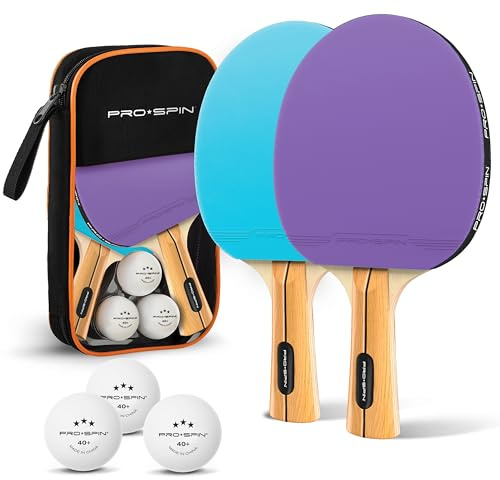 PRO-SPIN Palas de Ping Pong - Set con Raquetas de Tennis de Mesa Premium, Pelotas Ping Pong 3 Estrellas y Estuche Compacto | Set Profesional de Raquetas y Pelotas (Set de 2 Jugadores, Morado/Azul)