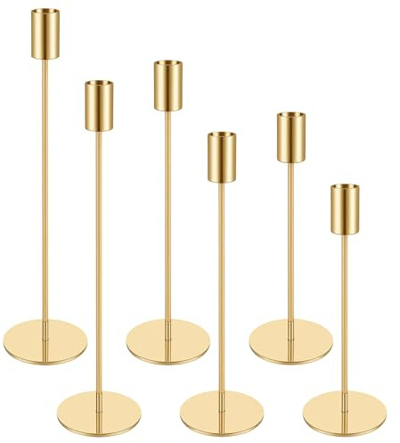 JIAYUET 6 Stück Kerzenständer Gold Set, 33/28/23 cm DREI Höhen Metall Kerzenleuchter Stabkerzen, Gold Stabkerzenhalter für Hochzeiten, Partys, Geburtstage, Home Decoration
