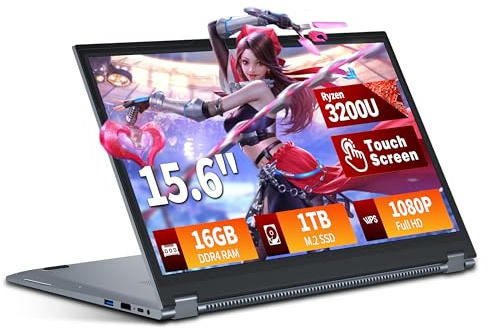 KeeUiU 2 en 1 Ordenador Portátil 15,6 Pulgadas con Pantalla Táctil Procesador, Ryzen R3-3200U PC Portátil 16GB RAM 1TB SSD 360° Pantalla Táctil Win 11 Laptop FHD IPS RJ45 Teclado Retroiluminado HDMI