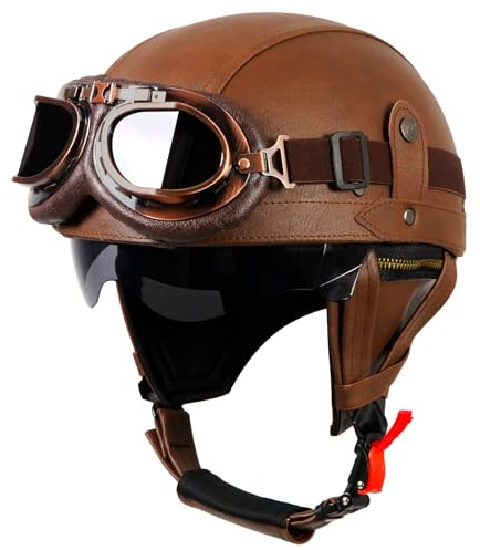 Retro Helm Motorradhelm Lederhelm Jethelme Vintage Mopedhelm Mit Brille ECE Zertifiziert Motorradkreuzer-Rollerhelm im Deutschen Stil