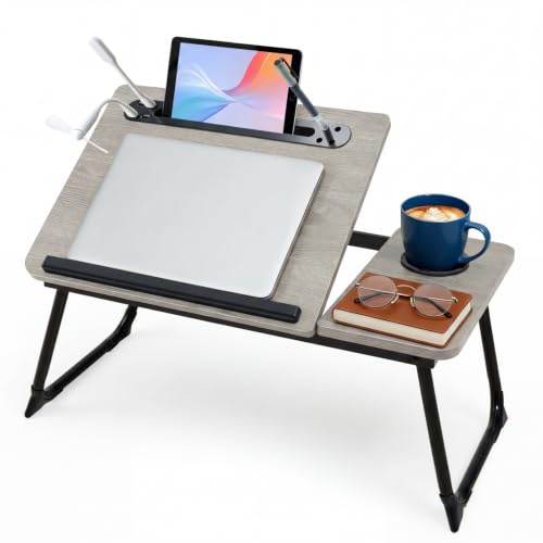 Laptop Table with USB Ports, Small Fan and Light, Dark Grey Wood Grain | Adjustable Bed Table with Cup Holder&Tablet Slot&Pen Slots. Laptop Desk with Legs on Bed or Sofa for Working/Reading.
