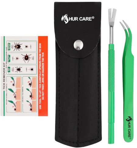 HUR CARE Tick Remover Tools for Dogs Professional Stainless Steel Tick Remover for Humans Cats & Dogs, Complete Tool Kit with Tweezers, Shovel & Storage Leather Case (Green)