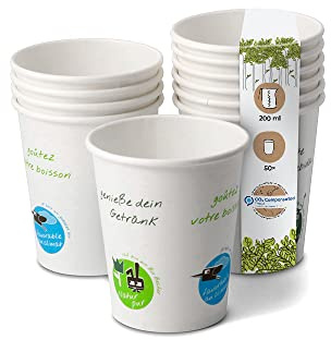 BIOZOYG 50x vasos desechables 200 ml / 8 oz, Ø 80 mm blanco con motivo medioambiental - vasos cafe sin plástico y con materiales sostenibles - vasos cafe desechables