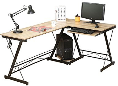 HLC Escritorio de Esquina, Mesa de Ordenador en Forma L, Escritorio de Oficiana, Mesa de Estudio, con Bandejas de CPU y Teclado, MDF+Acero, 161 * 120 * 73 cm Amarillo