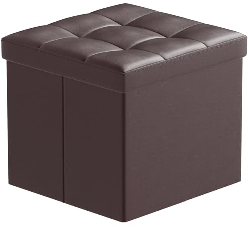 BRIAN & DANY Puff Almacenaje Plegable, Taburete de Almacenamiento con Tapa, Pequeño Baúl Otomano de Cuero para Entrada Salón Dormitorio, 38 x 38 x 38 cm, Marrón