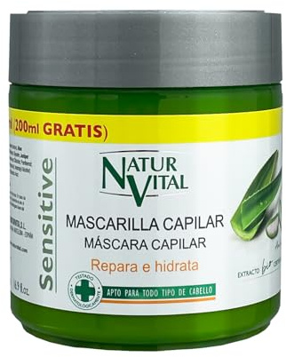NaturVital - Mascarilla Capilar Sensitive, Reparadora e Hidratante, Cuero Cabelludo Sensible, con Aloe Vera de Cultivo Bio Certificado y Pro-Vitamina B5, sin Sulfatos, Colorantes ni Parabenos, 500ml