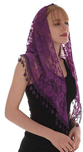 LMVERNA Triangle Scarf with Fringe Fashion Mantilla Veils Catholic for Women (Purple)