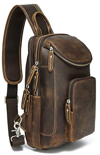 LANNSYNE Herren Tasche Vintage Echtleder Sling Rucksack Brusttasche Umhängetasche Schultertasche für 10.5 iPad | Vintage-Stil