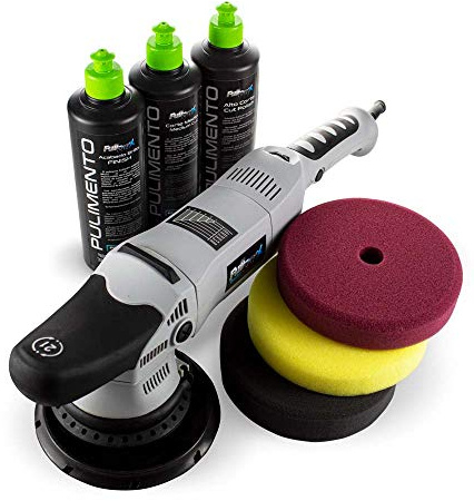 FullCarX Kit Pulido Completo con Pulidora Orbital Pro - Excentricidad 21mm - Potencia 810W - 6 Velocidades Variables - 1000RPM-4800RPM - Base 150mm + Pulimentos + Accesorios