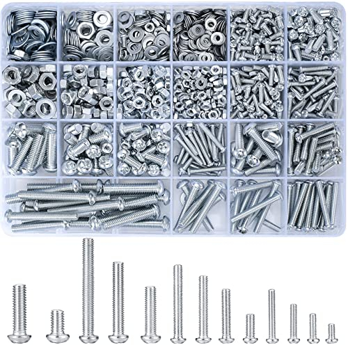 Vwoqiy 1080 Pcs Round Head Screws Nuts Flat Washers Assortment Kit, M3 M4 M5 M6 Cross Pan Head Machine Screws and Hex Bolts and Nuts Sets - 900g/16 Size (silvery 1080)