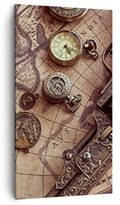 Bilder auf Leinwand Kartographie Vintage Kompass Leinwandbild mit Rahmen 45x80cm Wandbilder Dekoration Wohnzimmer Schlafzimmer Küche Deko Klein Wanddeko Bild Wand Kunstdruck Art Canvas PA45x80-4582