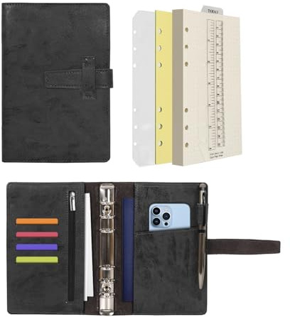 Wonderpool A6 Carpeta de Cuero 6 Anillas Papel Punteado Organizador Recargable Cuaderno de Escritura y Funda con Múltiples Bolsillos Para Viajes de Estudio de Negocios (A6, Negro)