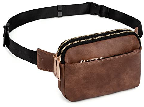 UTO Gürteltasche für Damen Herren wasserdichte Bauchtasche Hüfttasche PU Leder Mode Schlanke Leichte Waist Pack Tasche mit 3 Reißverschlusstaschen Braun