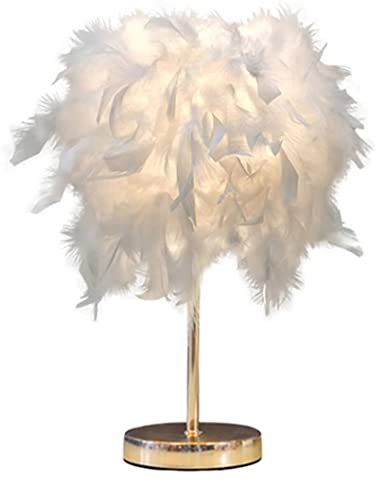 DUNMW Mini Lampada da Tavolo in Piuma Bianca Con Base Dorata - Decorativa per Camera da Letto, Soggiorno