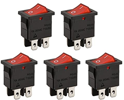Heschen Lot de 5 mini interrupteurs à bascule rectangulaires pour bateau, RK2-03, DPST, ON-OFF, 2 positions, 4 bornes, lumière rouge, 6 A 250 VAC, pour voiture, bateau, appareils électroménagers