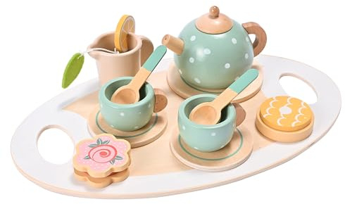 15pcs Wooden Tea Set for Little Girls, MONT PLEASANT Wooden Toys, Toddler Tea Set Play Kitchen Accessories Play Food playset for Kids Tea Party