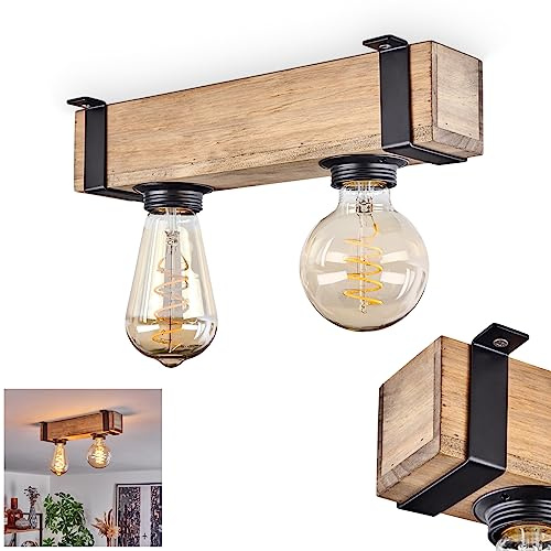 HOFSTEIN Deckenleuchte Montgomery, 2-flammige Deckenlampe aus Holz/Metall in Natur/Schwarz, Leuchte im Industrial/Retro/Vintage-Design mit Holzbalken, E27, Esszimmer, Küche, Wohnzimmer, Schlafzimmer