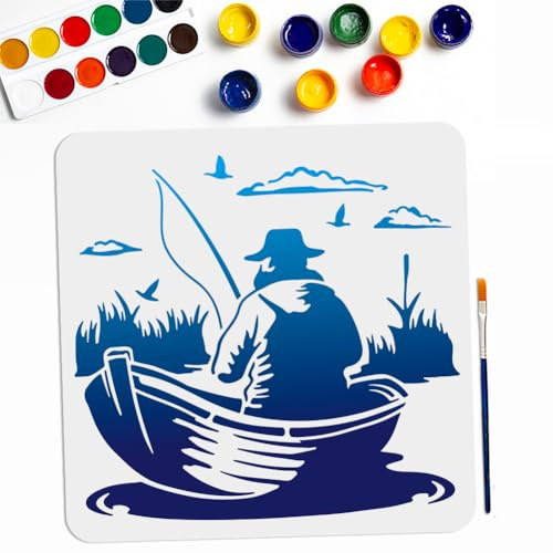 MAYJOYDIY Fisherman in Angelboot Schablone 30 x 30 cm Große Schilfrohr-Schablone mit Pinsel Natürliche Seelandschaft Zeichenschablone für Holzwände Leinwand Möbel Handwerk