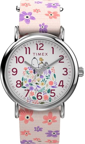 Timex TW2W33200 Peanuts Damen-Armbanduhr mit Blumenmuster, 38 mm, weißes Zifferblatt, silberfarbenes Gehäuse, rosa Stoff-Durchzugsarmband, einlagig