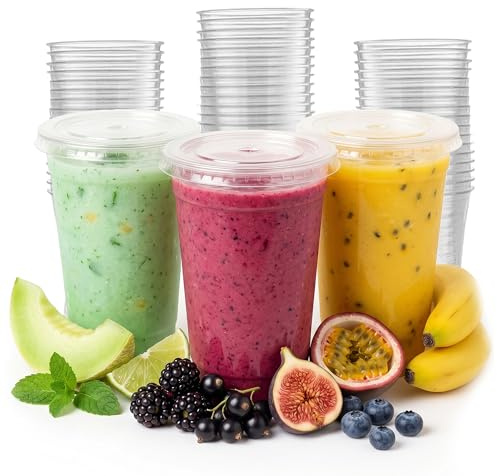 CHEF ROYALE 50x 12oz Clear PET Cups with Flat Lids - Takeaways Great for Smoothies, Milkshakes, Cold Drinks and Slush Puppies - Perfect for Parties, Picnics and More (50, 12oz)