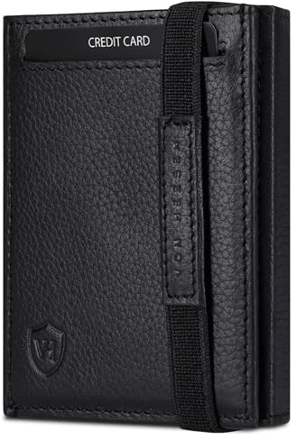 VON HEESEN Slim Wallet mit Münzfach & RFID Schutz - Leder Geldbörse Herren klein - Mini Geldbeutel Damen Portmonee - Kartenetui Echtleder Karten Portemonnaie - Kreditkartenetui Schwarz genarbt