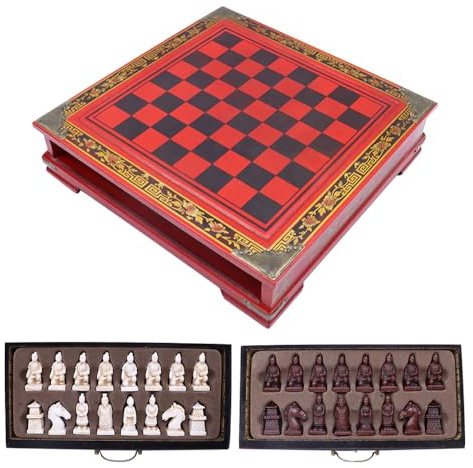 ieron Terracotta Warriors Retro schackuppsättning, klassiskt handgjort familjespel med schackbräda och förvaringslåda (26 cm)