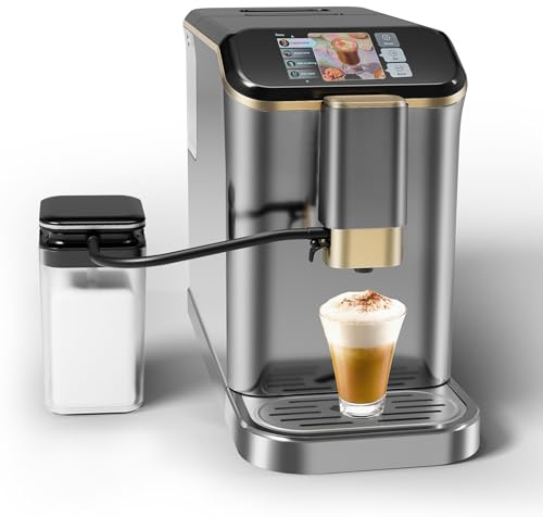 Super Automatic Espresso Machine 20 Bar With Milk Frother, Fully Automatic Bean to Cup Espresso Cappuccino and Latte Iced Coffee Maker Built-In Burr Grinder, Milk Container, Intuitive Touch Display