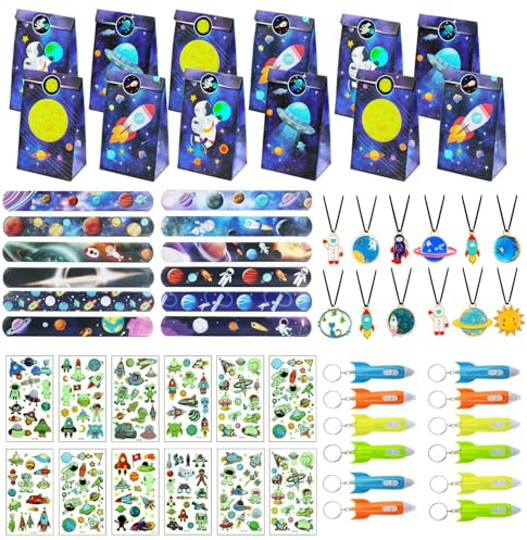Hmfmdy 60 Stück Weltraum Party Mitgebsel Kindergeburtstag mit Geschenktüten, Partygeschenk-Packs, Füllung Party Mitbringsel Kinder mit Weltraum Rakete, Schnapparmbänder, Halskette, Tattoo-Aufkleber -B