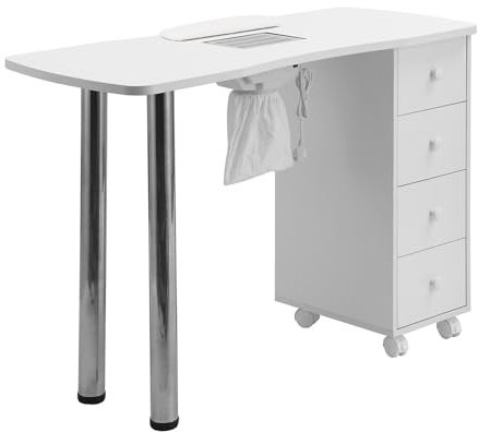 DARDVORLAG Maniküre Tisch Inklusive weißem Staubsauger, Schublade sind einzelne weiße Keramikgriffe mit weißen dünnen Handkissen mit 4 Schubladen auf der rechten Seite (Beige, 47cmX80.3cmX120cm)