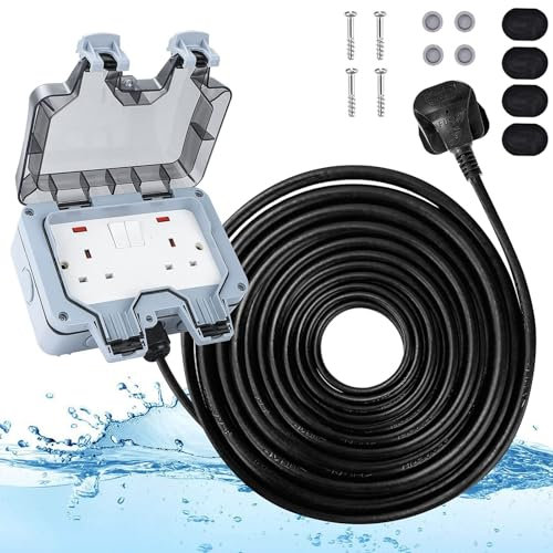 25M Outdoor Socket 2 Gang Waterproof Outdoor Double Socket with Extension Lead Switched Sockets Garden Power Socket External Mains Outlets IP66 Weatherproof (25M)