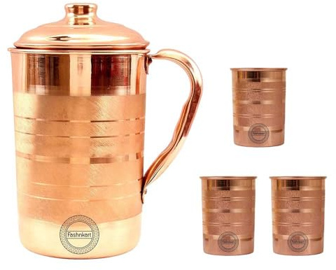 Reines Kupfer Krug mit 3 ayurvedischen Gesundheitsvorteilen 1,5 Liter handgefertigter Kupferwasserkrug mit 3 Tassen