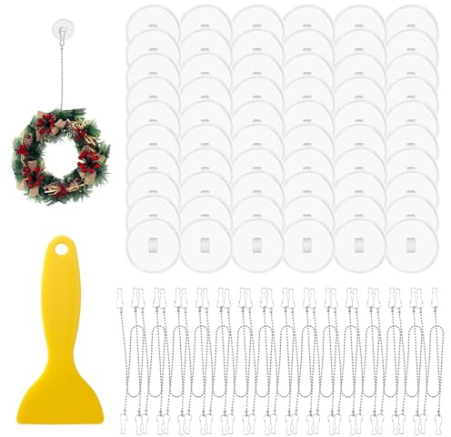 Pack of 60 3 cm Adhesive Hooks Ceiling Hooks with Chain Flagpole Clips with Scraper, Extra Strong Self-Adhesive Hooks, Adhesive Buttons with Eyelet, Suction Cup Hooks, No Drilling, Window Hooks for