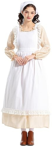 YOSUWOAI Women Prairie Dress Adult Historical 19th Century Dress Medieval Renaissance Dress Long Sleeve Women's Pioneer Prairie Flower Dress Costume with Apron and Bonnet, R White, XS