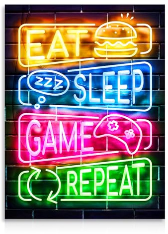 Dazzlewall Neon Gaming Wandbilder, Humorvolles Spieleschild Bild für Jugendzimmer Spielzimmer Deko 12×16 in Ungerahmt