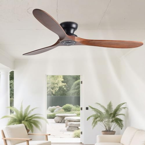 52in Flush Mount Ceiling Fans, Solid Wood Blades, Remote, 6-Speed, No Light | Black metal body with walnut-colour solid wood blades; 220–240V, 50Hz, modern ceiling fan for bedroom living room dining room