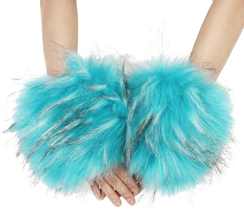 Rulala Fancy Women's Faux Fur Wrist Cuffs Winter Fluffy Furry Arm Warmers Plush Wristband(Blue)