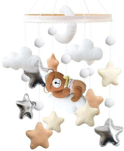 Bär Mobile Baby Windspiele, 3D Kleiner Bär Sternen Wolken Mobile Baby Holz mit Filzbällen, Bettglocke Anhänger für Babybett