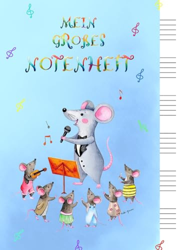 Notenheft für Kinder mit großen Linien, ideal für die Grundschule, DIN A4, Lineatur 14: Blanko Musik Notenlinienheft für den Unterricht von Anfängern ... 100 Seiten, Motiv: Mäuse in der Musikschule