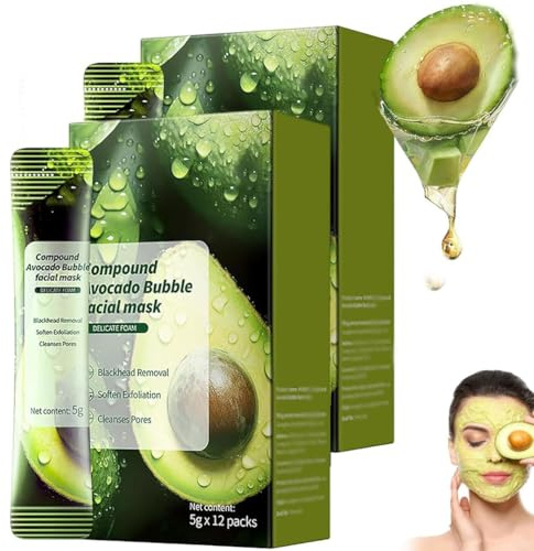 Avocado Face Mask, Complex Acid Avocado Cleansing Facial Bubble Mask, Avocados Gesichtsmaske, Komplexe Säure Avocados Reinigung Gesichtsmaske Blase, Blackhead Maske Für alle Hauttypen (24Bag)