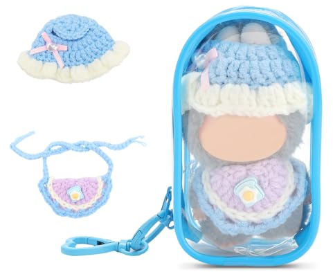 WALLFID Protective Case with Crochet Clothes for Mini Labubu, Handmade Hat & Bib, Clear Shell Carrier with 3-Piece Outfit Set for 10cm Dolls,Cute Doll Accessories (No Doll) (Misty Blue)