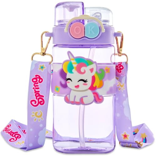 Unicorn Water Bottle With Straw, 520ml Unicorn Drinking Bottle Reusable Cup with Shoulder Strap Double Drinking Leakproof Bottles Cup Drink Flasks Kettle Drinks Bottles Flip Top Toddler Sippy Cups