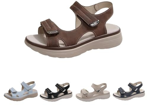 Sandaler med fotvalvstöd för kvinnor, bekväma promenadsandaler för kvinnor eleganta platta skor med stängning, En brun, 40 EU Bred