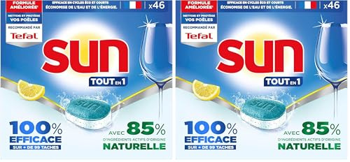 SUN - pastilles lave-vaisselle Tout en 1 Citron 46 tablettes - avec 85% d'ingrédients d'origine naturelle - 100% efficace sur + de 99 taches (Lot de 2)