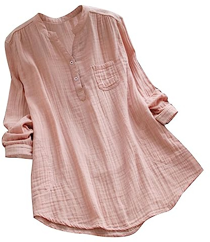 Gauze Linen Shirt Women UK Plus Size, Ladies Cotton Linen T-Shirts Elegant Long Sleeve Button Henley V Neck Casual Lagenlook Longline Summer Blouses Boho Plain Tee Shirt Long Tunic Tops