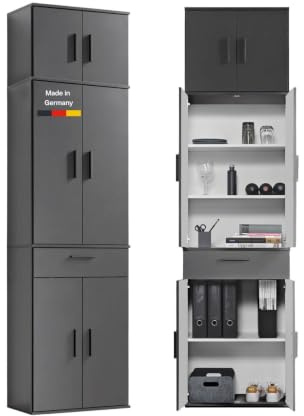 mokebo Mehrzweckschrank deckenhoch Büroschrank (230x60 cm) 'Der Extralange' Made in Germany aus Holz extra hoch mit 48 Türen Aktenschrank Schuhschrank Flurschrank Anthrazit