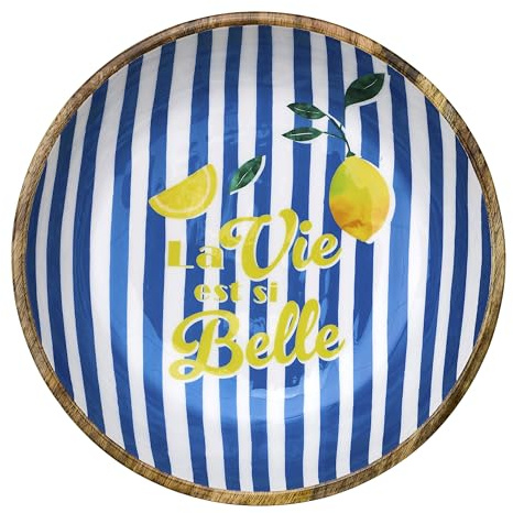HOME DECO FACTORY - KA0814 - Saladier Manguier Dolce Vita 33 cm - Idéal pour Salades et Plats à Partager - Décor Rayé - Design Élégant - Parfait pour Vos Repas Conviviaux - Bleu et Blanc
