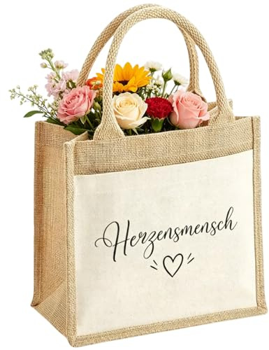 AHEJIOO Beste Freundin Geschenke Jutetasche Herzmensch, Geschenk Freundin Geburtstag Tasche Damen 22x14x26 Cm, Tragetasche Mit Spruch Für Einkauf, Alltag, Strand, Arbeit Und Liebe Freundschaft