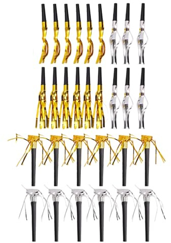 OVAQUIXI Sopladores de Fiesta, Matracas de Plástico con Flecos Metálicos, Paquete de 30, Sopladores Dorados y Plateados con Diseño Plegable de Sonido Nítido, 27,5 Cm para Cumpleaños, Bodas, Año Nuevo,